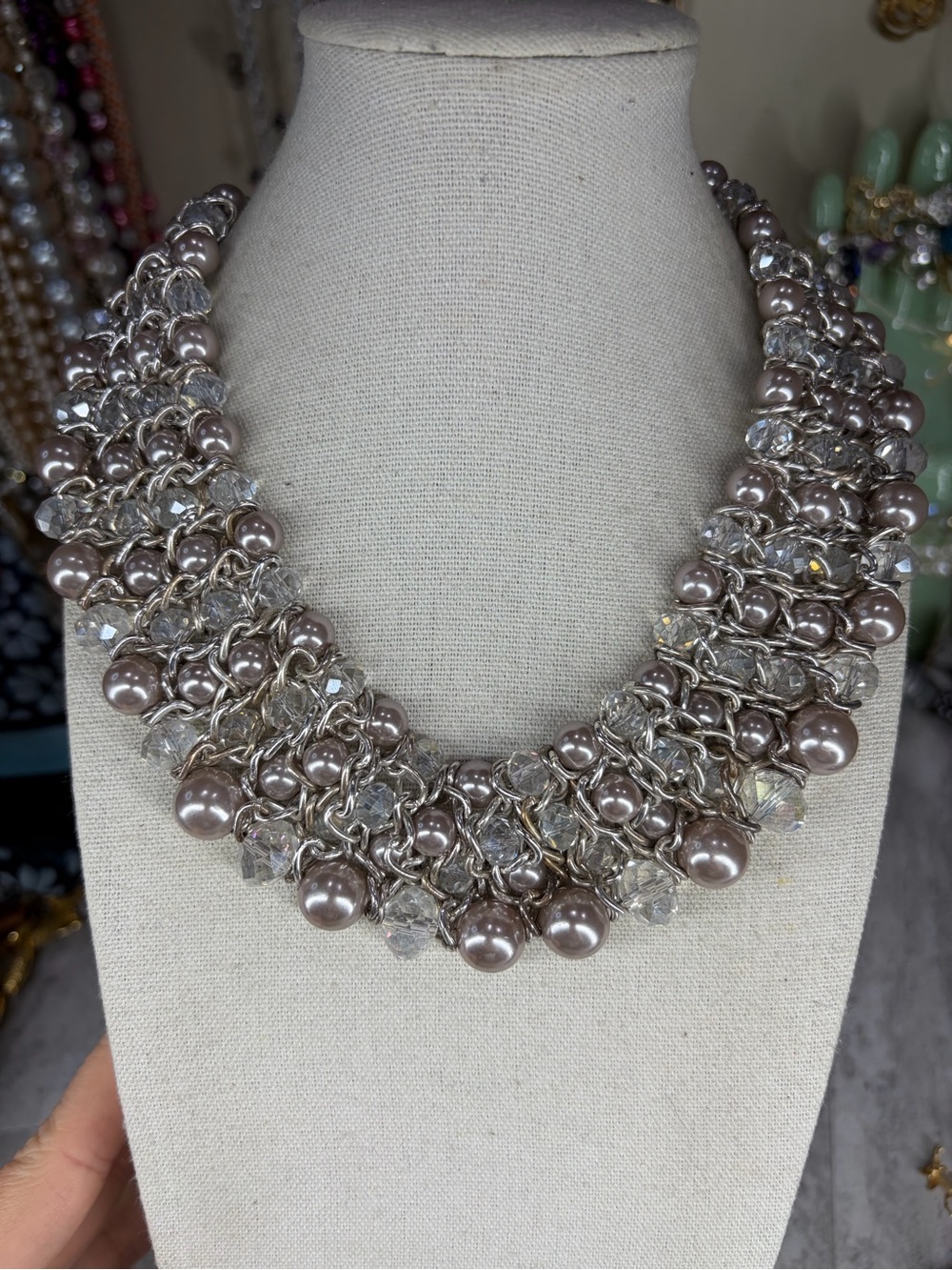 Necklace Bracelet Set Glass Pearl Crystal Chain Mail Chunky Jewelry Statement - Picture 2 of 3